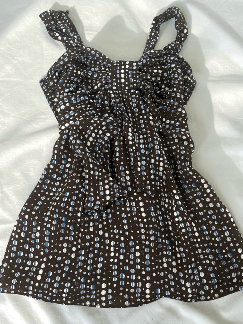 Y2K 2000s Polka Dot Babydoll Cami Tank Top Brown Blue Flowy Smocked Small